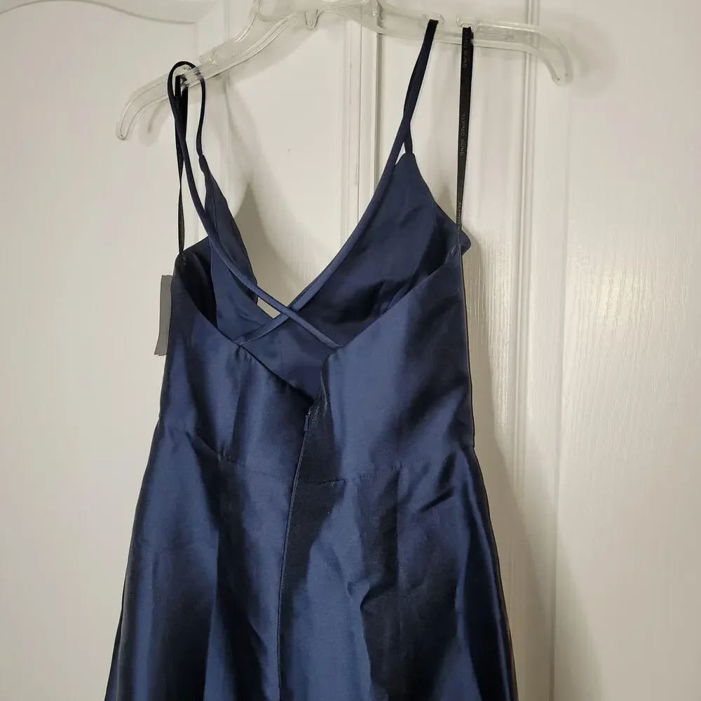 Alfred Sung V-Neck Criss Cross Back Satin Night Out Dress Midnight Blue Size 6 - Picture 4 of 6